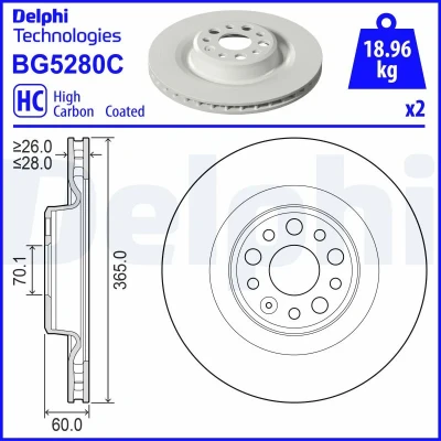 Bild av DELPHI Bromsskiva TESLA: Model S, X 365mm 28mm 5 ventilerad BG5280C Bromsskivor