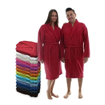 Bild av LEBENGOOD Unisex morgonrock för kvinnor och män 100 % bomull amerikansk lockig 400 g med bälte, fickor, dusch, mjuk morgonrock, handduk (L, korall), Rödbrun, XL