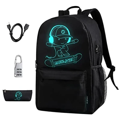 Bild av BSTcentelha Lysande Skolväska anime pojkar ryggsäck cool bokväska med pennfodral USB laddningsport studenter tonåringar pojke flicka laptop ryggsäckar, Svart, L,