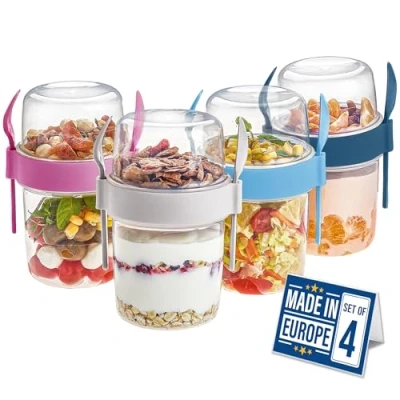 Bild av CRYSTALIA Take and Go Yoghurt grytset 4 BPA fria yoghurtkruka med sked och gaffel, havre, tål diskmaskin, frukost att ta müsli för gå fruktsalladskoppar lock burk gröt behållare