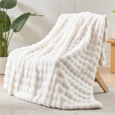 Bild av LINGKY tjock kanin plysch filt supermjuk mysig luddig fuskpäls dubbelskikt tyg fluffiga filtar varm sängöverkast för bäddsoffa, vit, 100 x 160 cm
