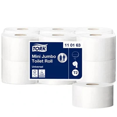 Bild av Tork 110163 Mini Jumbo toalettpapper i avancerad kvalitet för T2 toalettpapperssystem/toalettpapper 1 lager vitt, 12 x 1,714 ark