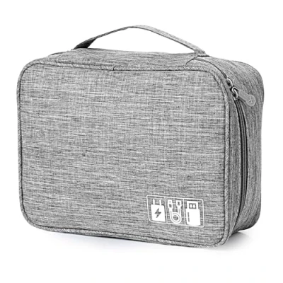 Bild av AiQInu Kabelväska universal resekabel arrangör väska kuber kabel fodral, 2 lager vattentät justerbar kabelorganiserare för mobiltelefon laddkabel, powerbank, USB minnen, SD kort, GRÅ, XL Grau,