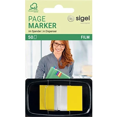 Bild av SIGEL HN490 självhäftande markörer i dispenser, gul, 50 remsor formatet 25 x 43 mm