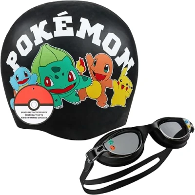 Bild av Get Trend Pokemon simglasögon barn badmössa set Pikachu silikon anti dimma UV skydd simning tillbehör presentidé (svart pokemon, 412 år)