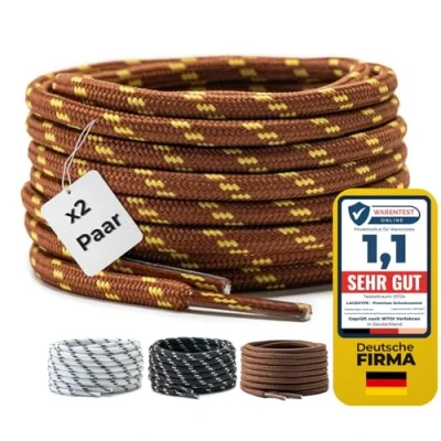 Bild av LaceHype 2 par premium runda skosnören [ 4,5 mm] för arbetsskor, stövlar, utomhusskor och sportskor slitstarka skoband, ersättningspåsar av polyester (brun/gul, 90)