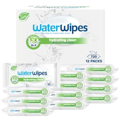 Bild av WaterWipes Hydrating Clean Baby Wipes, 720 återfuktande våtservetter för barn (12 Packs), med 99% vatten och aloe vera extrakt, ansikte kropp