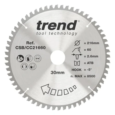 Bild av Trend CraftPro Negativ krok TCT sågklinga, 216 mm diameter x 60 tänder 30 borrning, hårdmetallspetsad, CSB/CC21660