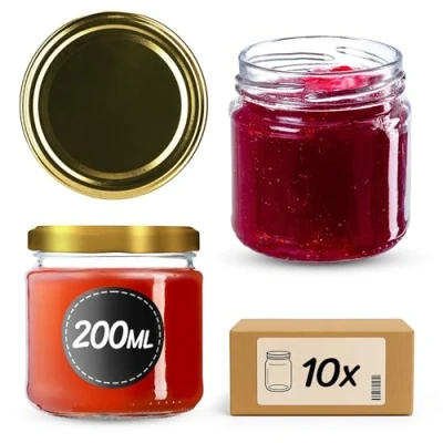 Bild av Kadax små glasburkar på 200 ml, syltburkar med lock, fi66 mm, miniglas för honung och kryddor, lufttäta burkar, konserveringsglas, glas, runda glas (10 stycken, guld)