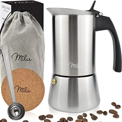 Bild av Milu Espresso Maker (4 koppar utan induktion) 2, 4, 6, 9 Mockakruka i rostfritt stål, espressokruka, espressobryggarsats inklusive underlägg, sked, borste (rostfritt 4 (200 ml)