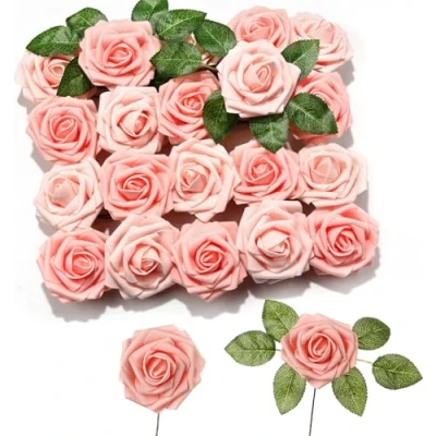 Bild av PartyWoo konstgjorda blommor, 20 st rosor med stjälkar, falska skumblommor, rosa blommor konstgjord för dekoration, bröllopsdekor, rumsdekor (rosa)