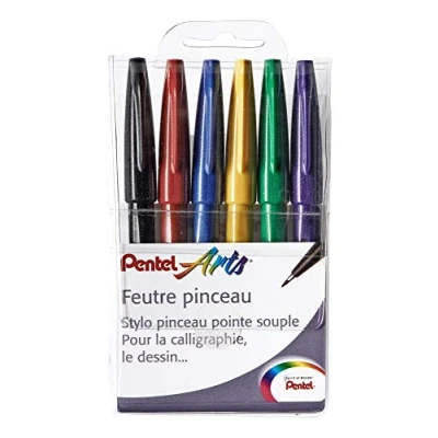 Bild av Pentel SES15C Brush Sign Pen Touch penselpenna med mjuk spets, 6 Funny olika färger svart, röd, blå, grön, lila, gul Påse st