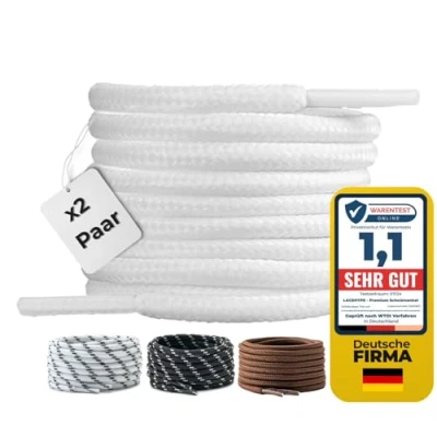 Bild av LaceHype 2 par premium runda skosnören [Ø4,5 mm] polyester för arbetsskor, stövlar, utomhusskor och sportskor slitstarka skosnören, Vit, 165 cm Paar