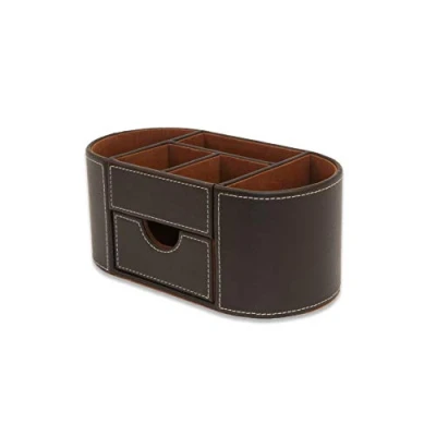 Bild av OSCO Brunt fuskläder skrivbordsorganisatör med låda snyggt skrivbord pennhållare sminkbehållare pennförvaring 6 fack skrivbordsställ H 10 x B 23 D 12 cm