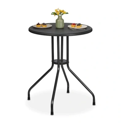 Bild av Relaxdays Trädgårdsbord, H x D: 73 60 cm, rottinglook, plast och stål, utomhus matbord, runt balkongbord, svart