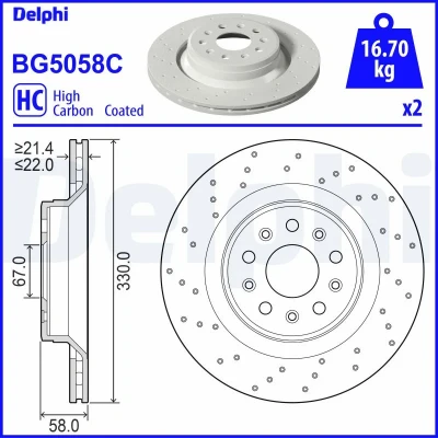 Bild av DELPHI Bromsskiva MASERATI: Levante SUV 330mm 22mm 5 ventilerad, hålad BG5058C Bromsskivor
