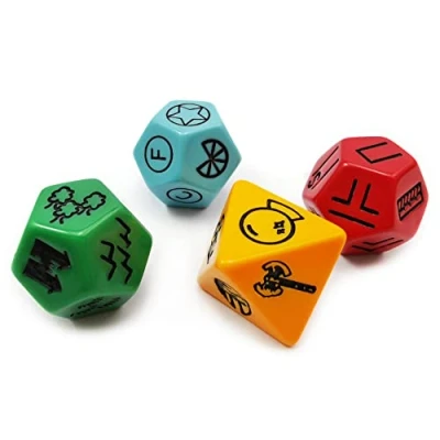 Bild av Bescon&#039;s Dungeon and Wilderness Terrain, Feature Treasure Type Dice Set, 4 piece Proprietary Polyhedral RPG Red, Green, Yellow with Black print