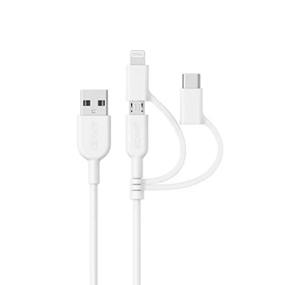 Bild av Anker PowerLine II 3 i 1 kabel, Lightning/Type C/Micro USB kabel för iPhone, iPad, Huawei, HTC, LG, Samsung Galaxy, Sony Xperia, Android smartphones med mera (3 fot) (vit)