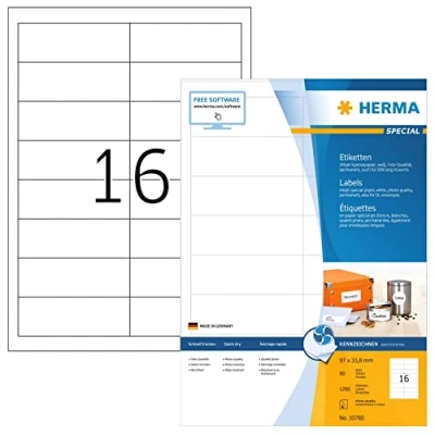 Bild av HERMA 10780 adressdekal för bläckstråleskrivare DIN A4 (97 x 33,8 mm, 80 ark, papper, matt) självhäftande, utskrivbara, permanenta adressetiketter, 1 280 självhäftande etiketter, vit