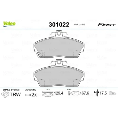 Bild av VALEO 301022 Jeu de plaquettes frein FIRST Essieu avant contact signal d&#039;usure inclus sans tôle anti bruit HONDA: CIVIC 6 Hatchback