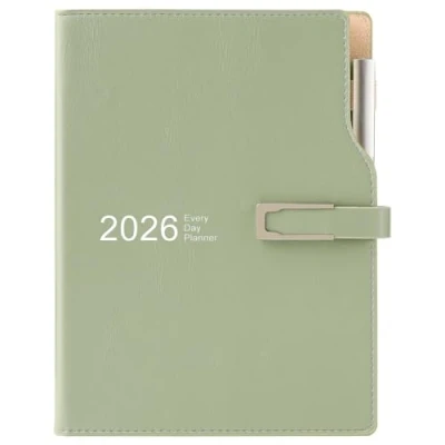 Bild av Akademisk dagbok 2026 A5 dag till sida, schemaorganiserare med kalenderklistermärken, agenda dagboksplanerare pennhållare och penna, premium tjockare papper 14 x 21,5 cm (grön)