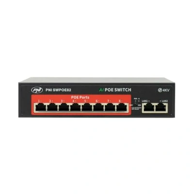 Bild av PNI SWPOE82 POE omkopplare, 8 100 Mbps portar och 2 UP Link Mbps, 120 W, AI förlängningsfunktion upp till 250 m, 4 KV blixtskydd