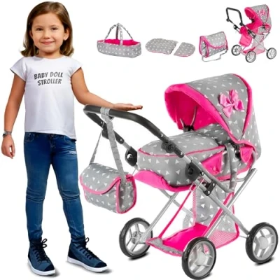 Bild av Kinderplay dockvagn från 1 2 3 år barnvagnsleksak i 1, med avtagbar bärväska och axelväska, justerbar höjd 34,5 cm till 64 cm, KP0200S