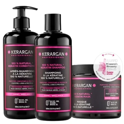 Bild av Kerargan Kit Shampoing, Après Shampoing et Masque à la Kératine Cheveu Sec Abîmé Sans sulfate, paraben silicone 3x500 ml