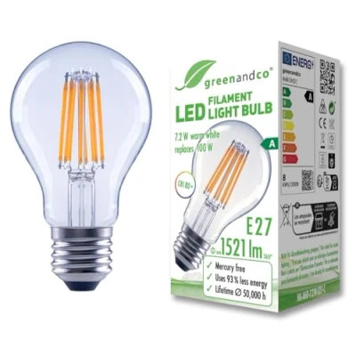 Bild av greenandco Transparent LED glödlampa E27 A60 7,2W 1521lm ersätter 100W 3 000K varmvit 320 230 V flimmerfri energiklass A icke dimbar