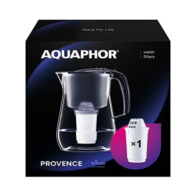 Bild av AQUAPHOR vattenfilterkanna Provence svart inkl 1 A5 filter med magnesium I Karaff för 4,2 liter Stort vattenfilter glasoptik Minskar kalk och klor Bordssilter Perfekt familjen