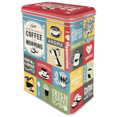 Bild av Nostalgic Art Kaffeburk i retrostil, Coffee Collage Presentidé för kaffeälskare, Plåtask med aromlock, Deko vintagedesign, 1,3 l
