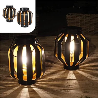 Bild av Gadgy Sollampor för utomhusbruk hängande 2 stycken svart/guld metall sollyktor med LED glödlampa lykta trädgården dekorationslampor