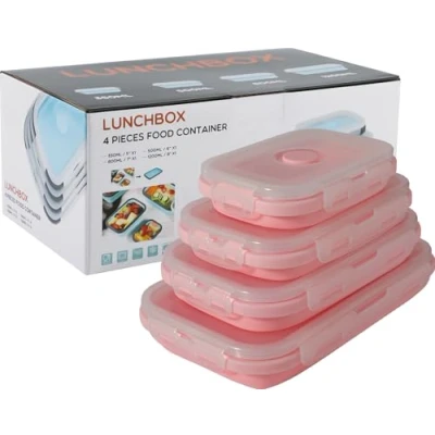 Bild av Hopfällbar silikon matförvaringsbehållare med lock, bärbar lunch bentolåda utomhus picknickbox platsbesparande, mikrovågsugn, diskmaskin och frys, set 4 (rosa)