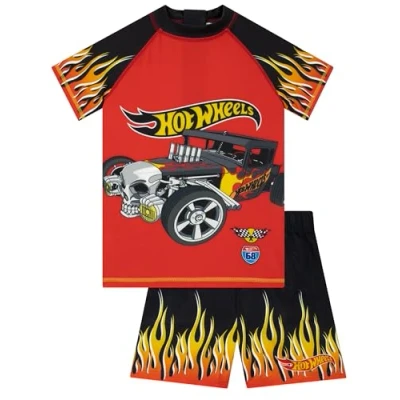 Bild av Hot Wheels Baddräktsset För Pojkar, Kortärmad UV Tröja Och Badshorts, Biltema Badkläder Barn, Röd 116