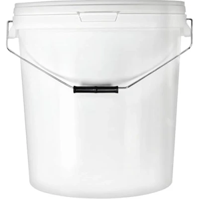 Bild av BenBow hink med lock 30 l vit livsmedelssäker, stabil, lufttät, läckagesäker, luktfri förvaringsbehållare av plast, metallhandtag tomt, 5 x liter