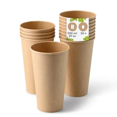 Bild av BIOZOYG 50 x engångskoppar 500 ml/20 oz, Ø 90 mm brun pappersmuggar för varma drycker, plastfria kaffekoppar engångsbruk