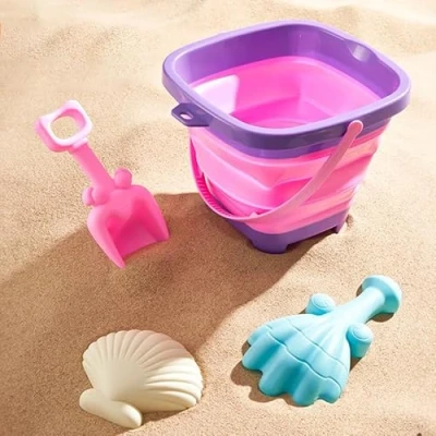 Bild av TLHWIN Robust strandleksaksset för barn, sandleksaksset vikbar silikonhink med spade och snäckformad sandform. Vit
