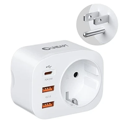 Bild av Unidapt Reseadapter USA 20W, 4 i 1 Snabbladdare med USB C PD, 2 A QC 3.0 och AC uttag. Travel Adapter Plug, Snabbladdningsadapter för USA, Kanada, Mexiko, Typ B