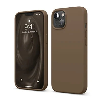 Bild av elago Flytande silikonfodral kompatibelt med iPhone 13 fodral (6,1 tum), premiumsilikon, helkroppsskydd 3 lager stöttåligt telefonfodral, reptåligt mjukt mikrofiberfoder (brun)
