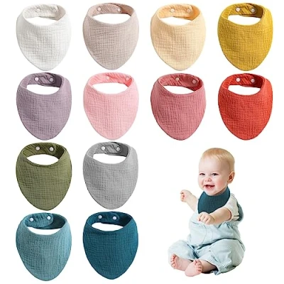 Bild av baby haklapp, 12 stycken babyhaklappar i 100 % ekologisk bomull, bandana haklappar med 2 tryckknappar, drool haklappar, mjuk absorberande bomull för pojkar flickor, Färg:, L