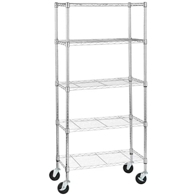 Bild av Amazon Basics Medelstor förvaringsenhet med 5 hyllor och 10 cm stora hjul höjdjusterbara nivelleringsfötter, 680 kg maxvikt, krom, 35,6 D x 76,2 B 164,5 H