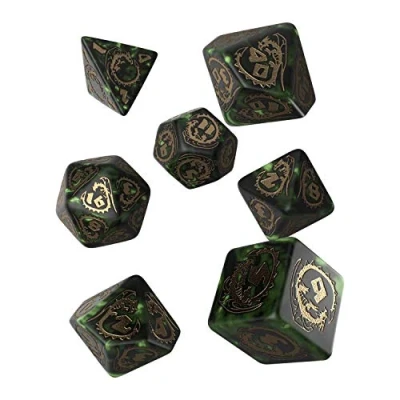 Bild av Q WORKSHOP Drakflaska grön &amp; guld RPG utsmyckade tärningar set 7 polyedriska delar