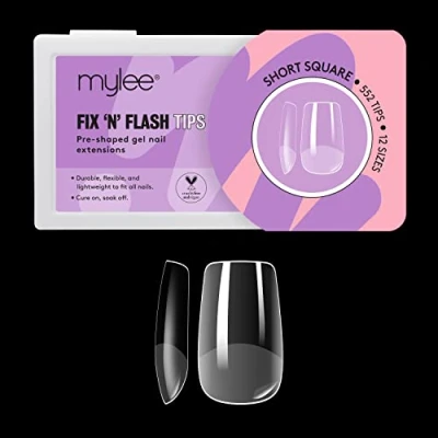 Bild av Mylee Fix &amp; Flash Soft Gel Tips, korta fyrkantiga, heltäckande mjuka gelnagelspetsar, gelnagelförlängningar, flexibla och resistenta, 12 olika storlekar, 552 st., passar alla naglar