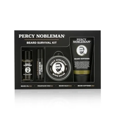 Bild av Percy Nobleman Skäggöverlevnadskit, ett skäggskötselkit som innehåller en doftande skäggolja, skäggbalsam, mustaschvax och skäggmjukgörare