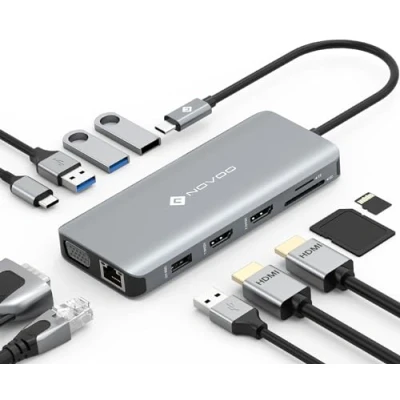 Bild av NOVOO USB C Hub med 2 HDMI, 11 portar Typ dockningsstation för bärbar dator, RJ45 Gigabit Ethernet, 3.0, 2.0, VGA, Type 100W PD, SD/TF kort MacBook Pro/Air och fler enheter