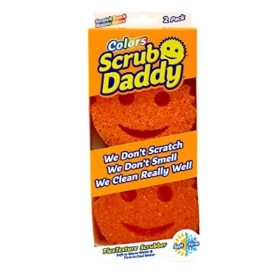 Bild av Scrub Daddy Färger Svampsvamp Smile Ansikte Rengöring Anti Scratch, Tvättbar svamp för Kök och Badrum Antibakteriell, Återanvändbar, Flextexture teknik, Orange, 2 pack