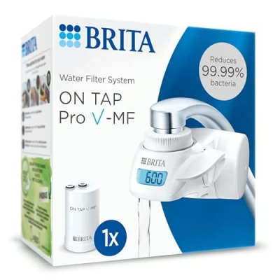 Bild av BRITA ON TAP Pro V MF vattenfilter för kran inklusive 1 filterpatron (600l) reducerar 99,99% bakterier, klor, mikroplast och tungmetaller/digital LCD skärm visar återstående kapacitet