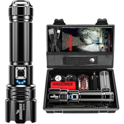 Bild av Shadowhawk Taschenlampe Led 500000 Lumen, Extrem Hell USB Aufladbar Taktische Taschenlampen Mit holster XHP70.2, IP67 Wasserdicht 5 Lichtmodi für Camping Wandern Notfälle