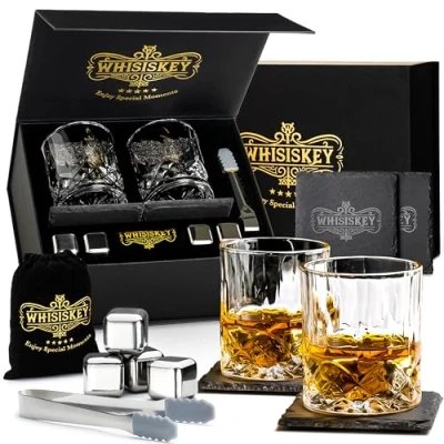 Bild av WHISISKEY Whiskyglas Set Whisky Gåvoset Whiskeyglas Present till Män Presentidéer för Födelsedagspresent Man Presentlåda, 2 310ML, 4 Whiskystenar, Tillbehör