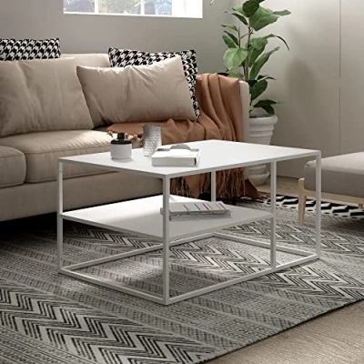 Bild av [en.casa] soffbord, solund, sidobord i metall, vitt, matt, vardagsrumsbord med förvaringsutrymme, 45 x 90 60 cm, rektangulärt, soffbord